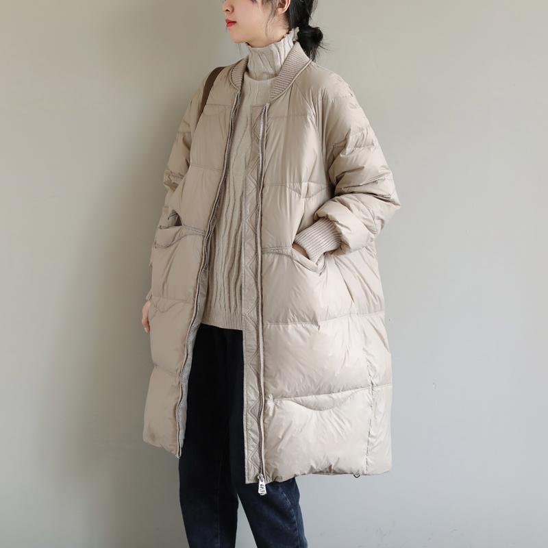 冬装新款棒球领纯色中长款白鸭绒保暖百搭宽松休闲羽绒服女外套