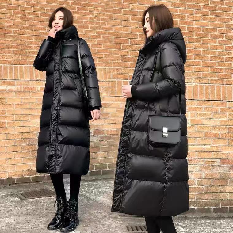 波司登白鸭绒黑色羽绒服长款过膝懂2023年新款亮面韩版宽松
