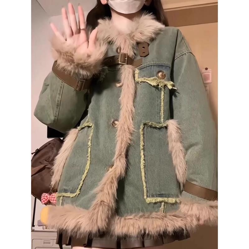 美式复古羊羔毛拼接牛仔外套女冬季高级感宽松棉衣棉服潮秋冬时尚