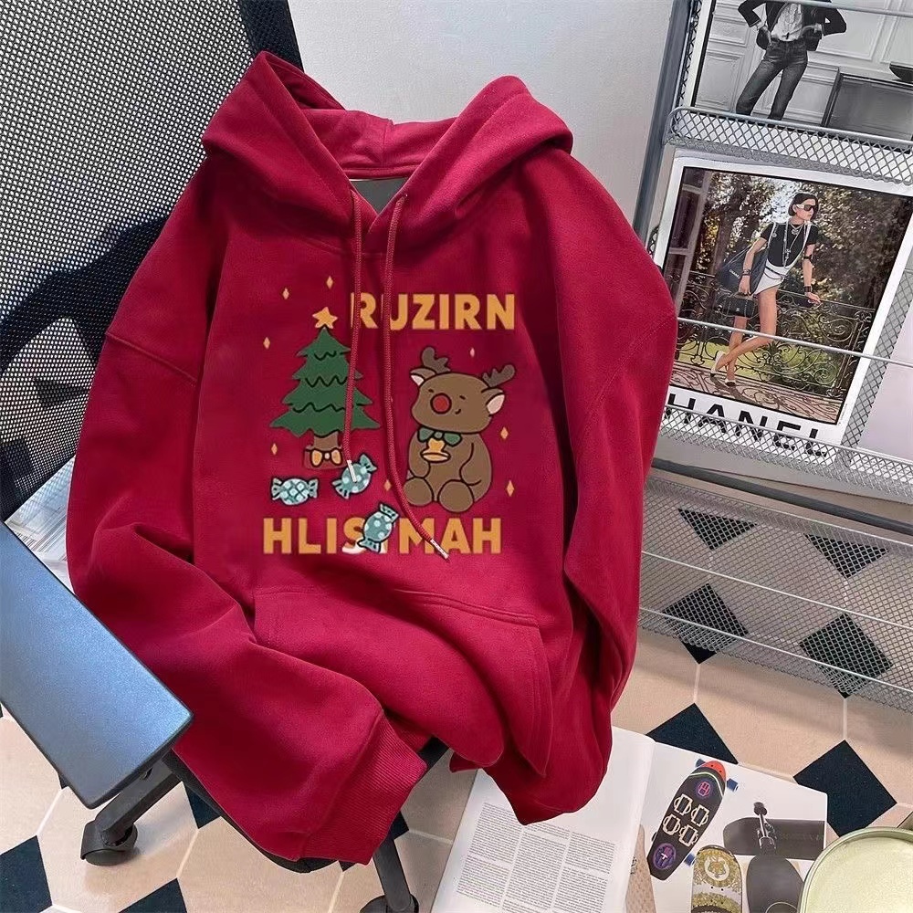 酒红色圣诞卡通印花连帽卫衣女冬季加绒加厚美式慵懒chic情侣上衣