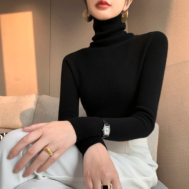 黑色高领针织打底衫秋冬新款内搭堆堆领毛衣女修身显瘦长袖上衣潮