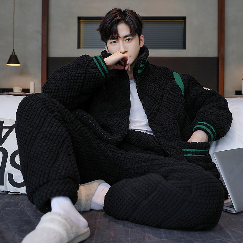 男士睡衣秋冬季加绒加厚珊瑚绒三层夹棉袄高领拉链保暖家居服套装