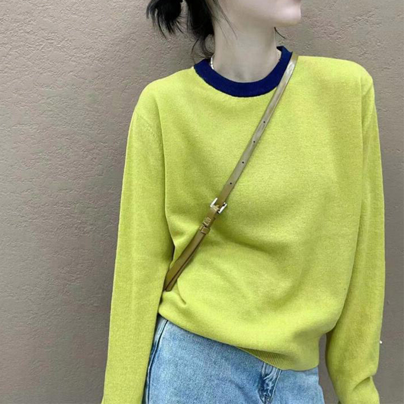 拼色圆领长袖针织套头上衣高档洋气内搭打底衫2023年秋季新款女装