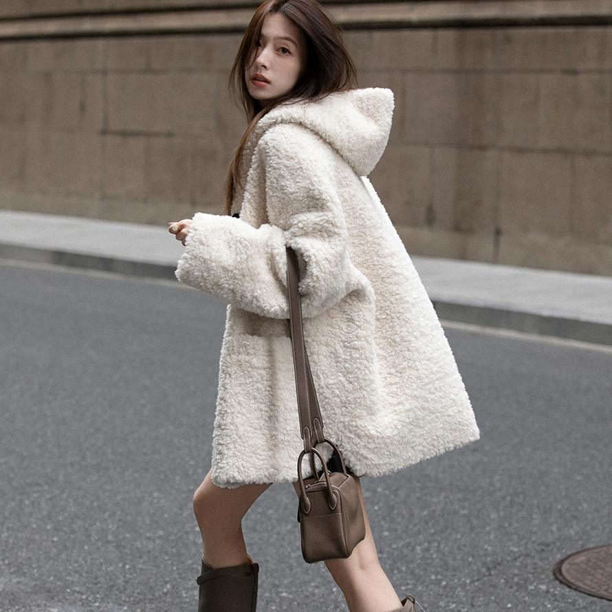 夏诗文麋鹿雪橇复古毛宽松连帽外套女冬简约百搭慵懒风大衣