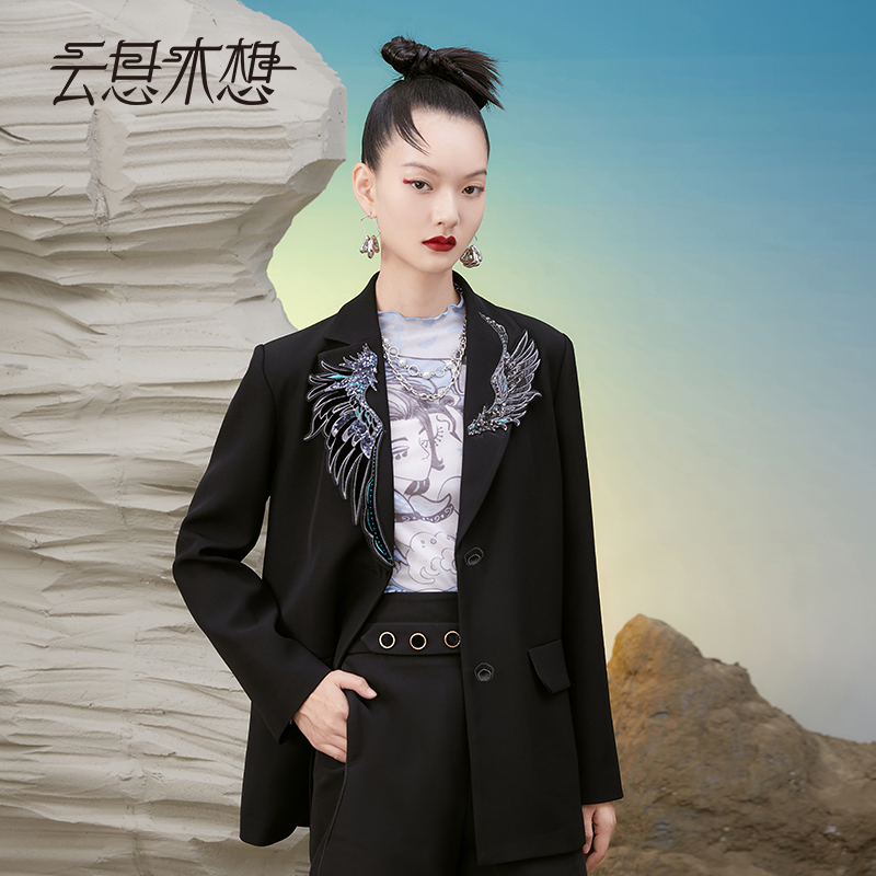 云思木想原创中国风春秋重工不对称设计感绣花时尚气质西装69780