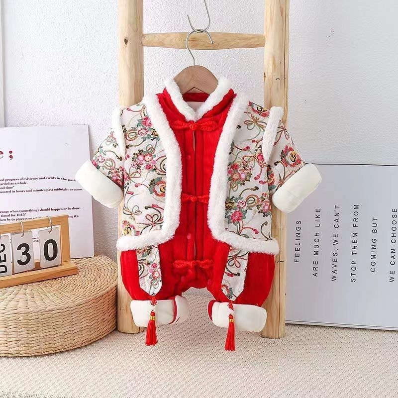 婴儿加厚加绒连体衣百日服冬装满月服抓周服爬爬服哈衣婴儿厚棉衣