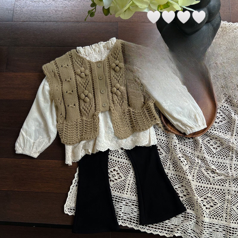 韩版童装2023春秋新款女童洋气泡泡袖衬衫休闲马甲喇叭裤三件儿童