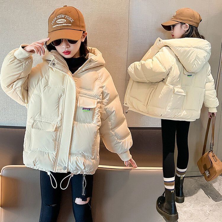 女童棉衣加厚保暖大口袋儿童2023冬季新款中大童棉服纯色棉袄百搭