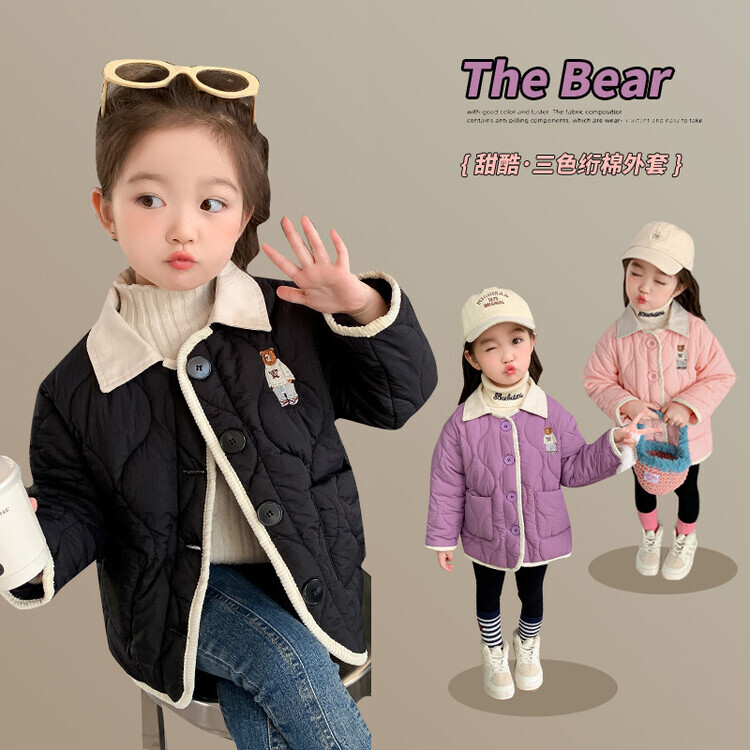 女童小熊绣花行棉外套2023深秋韩版童装儿童夹棉加厚保暖夹克衫潮