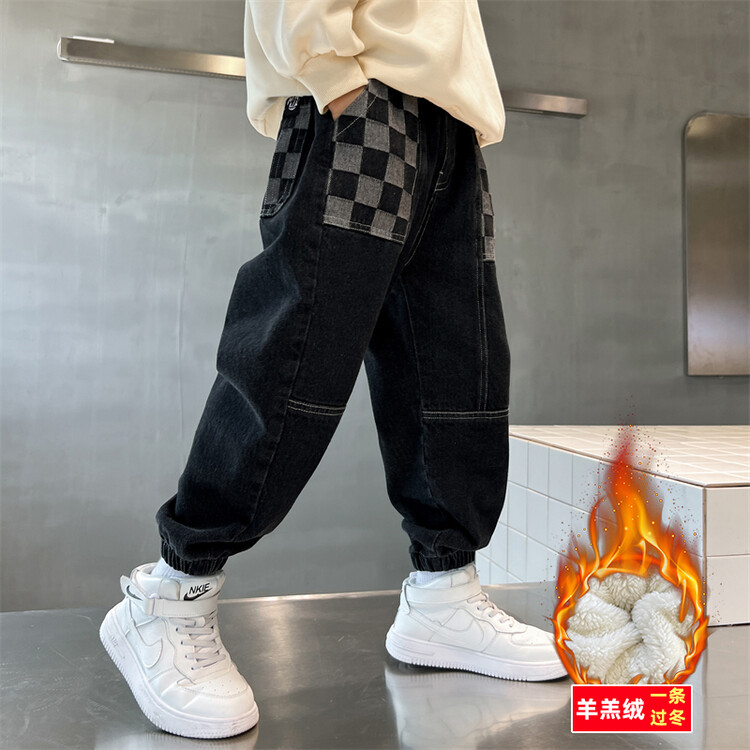 男童冬装裤子2023新款男孩秋冬款中大童冬季一体加绒牛仔裤儿秋冬