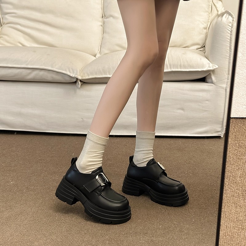 系带小皮鞋女2024春秋新款英伦风松糕厚底粗跟单鞋增高拼色乐福鞋
