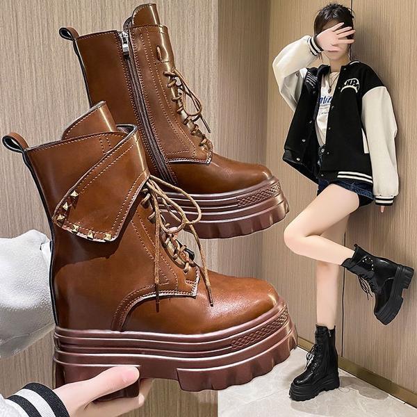 10cm内增高全皮平底超高跟坡跟马丁靴女小个子厚底系带短靴女秋冬