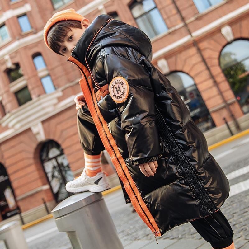 波司澄羽绒服男童中长款羽绒棉服亮面加绒加厚2023年冬季新款洋气