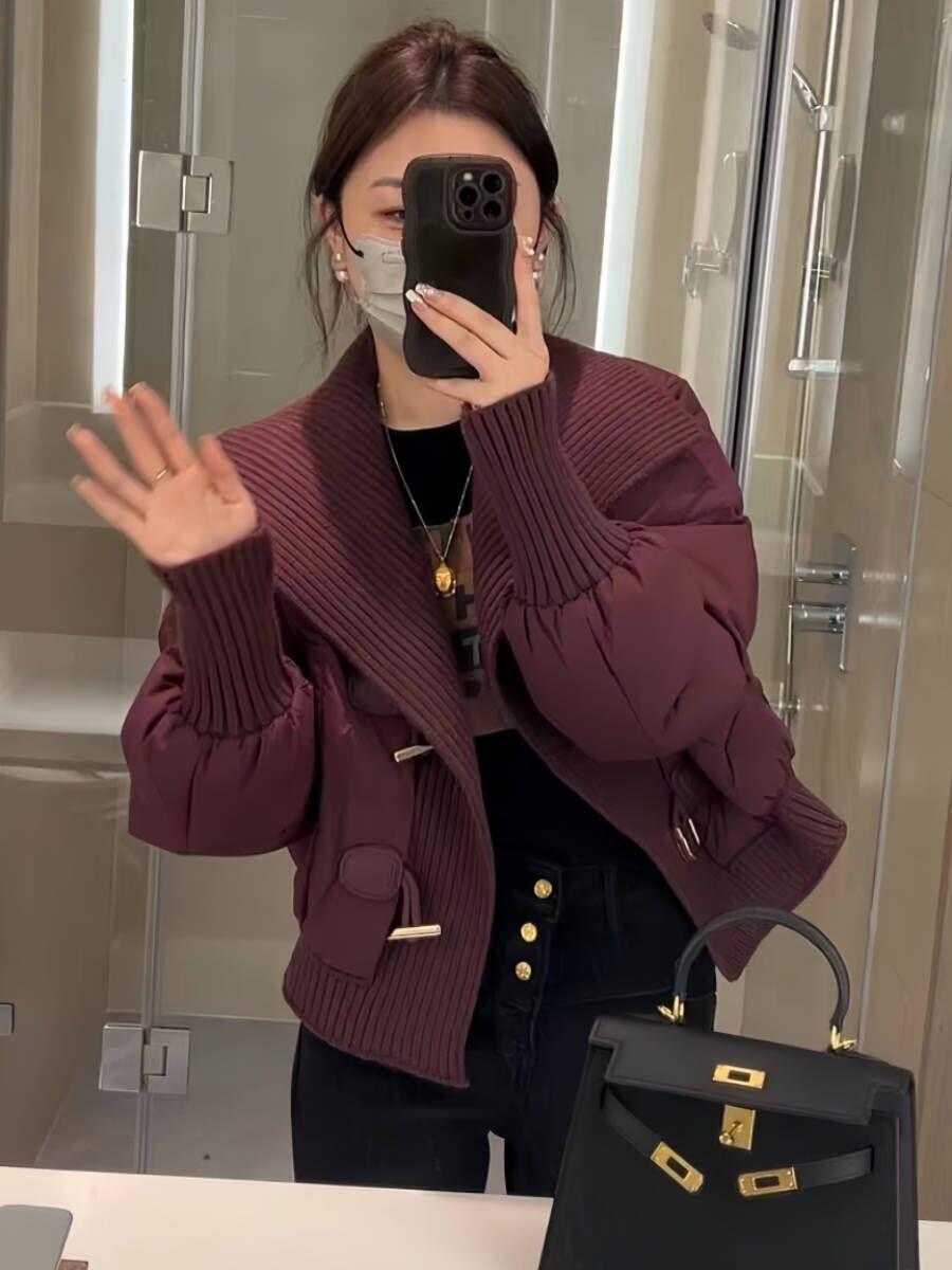 波司澄羽绒服冬季2023新款时尚大翻领针织拼接加厚加棉服气质保暖