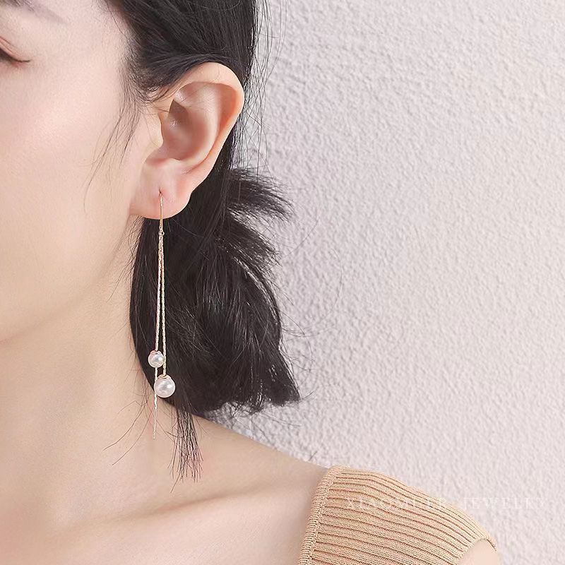 高级感流苏珠珠耳环小众设计感金色耳钉女2洋气气质耳饰品