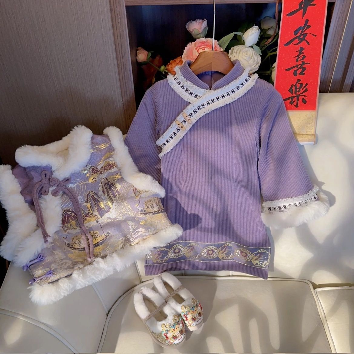 女童冬季汉服套装新款洋气加绒加厚新中式旗袍女宝宝保暖唐装儿童