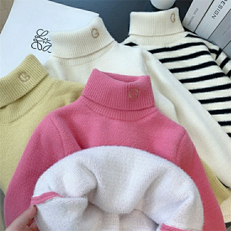 儿童高领毛衣洋气儿童一体绒针织衫冬装新款男女童条纹打底衫