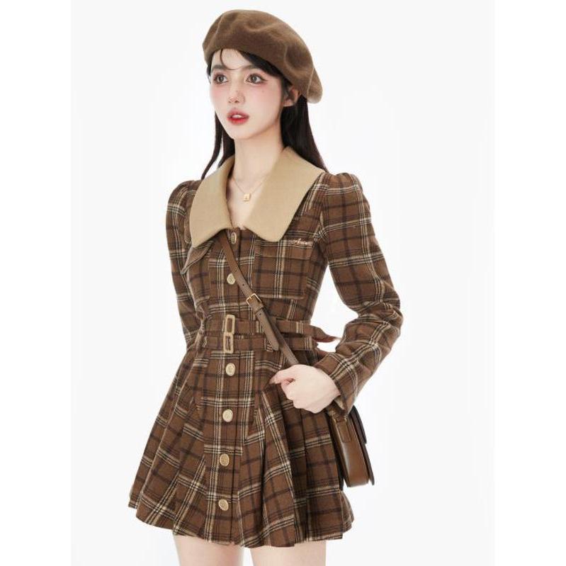 收腰秋冬显瘦辣妹小个子连衣裙秋日美拉德短款优雅小香格纹外套
