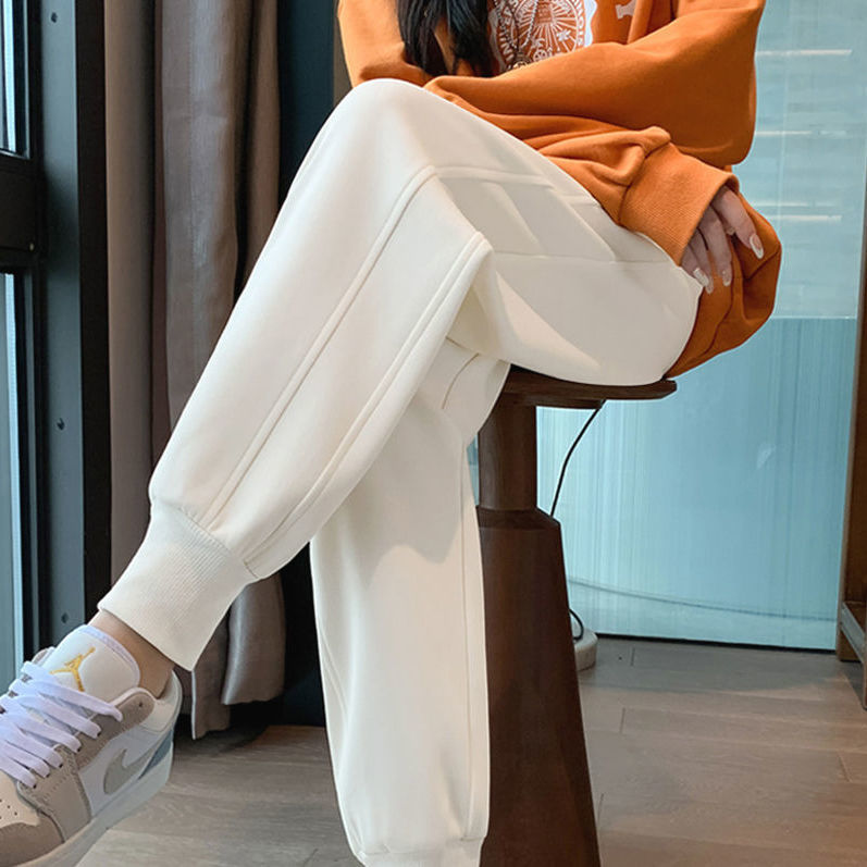 加长运动裤女秋冬加绒白色高个子新款宽松束脚休闲裤显瘦卫裤