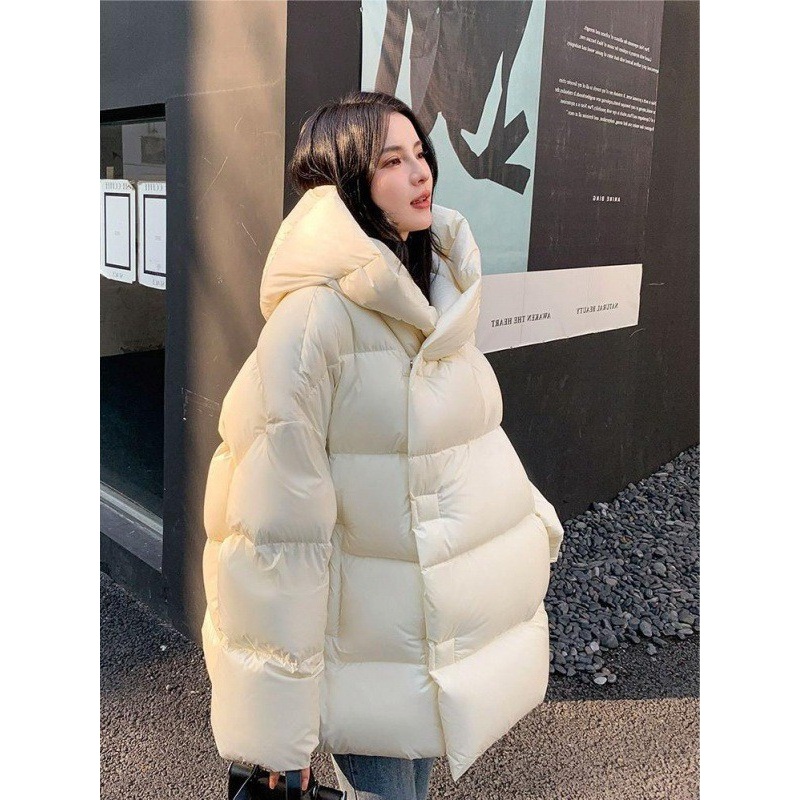羽绒服2024新款保暖外套云朵炸街简约风连帽女中长款冬季90白鹅绒