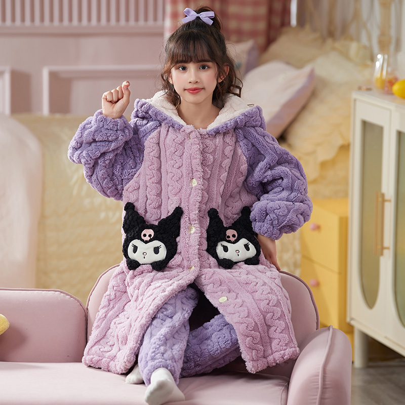 睡衣女童秋冬季加绒加厚珊瑚绒睡袍长款小女孩法兰绒中大童家居服