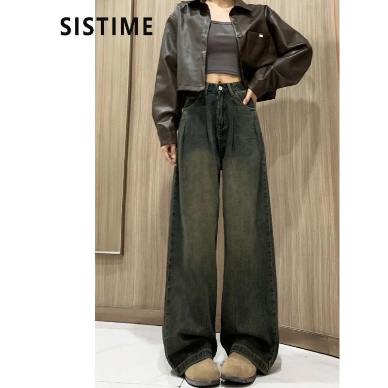 美拉德阔腿牛仔裤女秋冬加绒水泥灰高腰宽松显瘦大码直筒拖地裤子