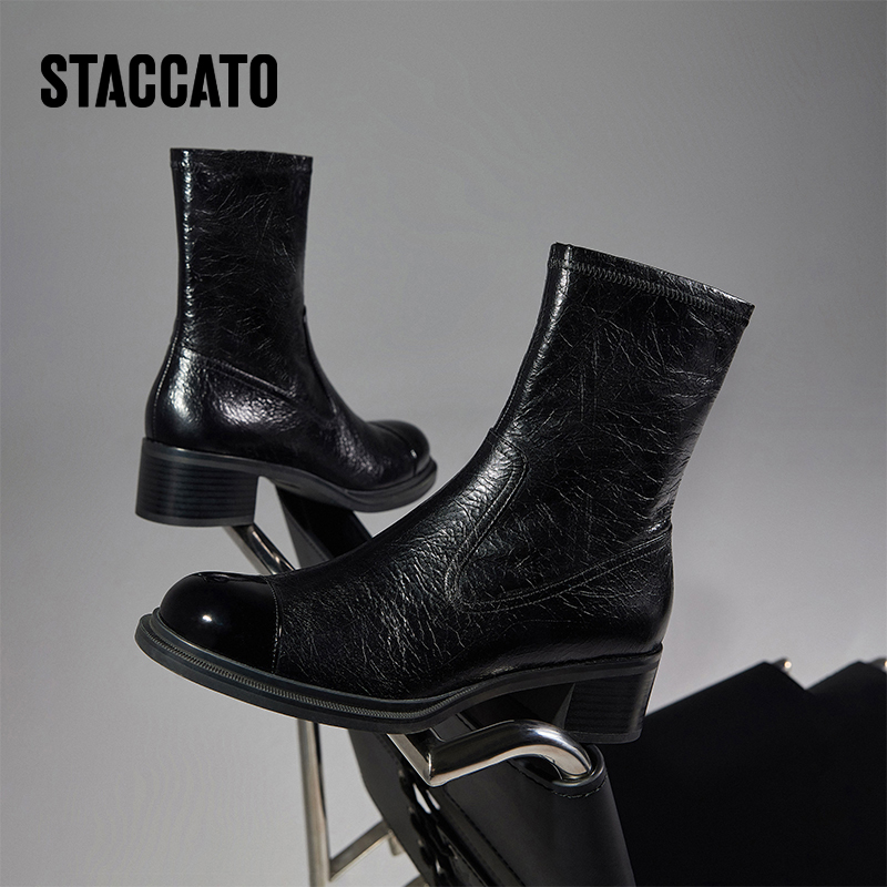 【橱窗】思加图秋季新款摩登皮革中筒靴时装靴粗跟女靴EC333DZ3