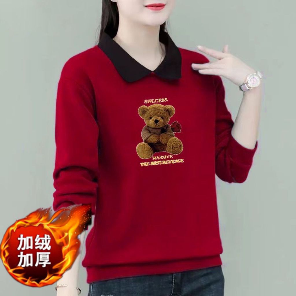 休闲加绒加厚卫衣2023年秋冬新款休闲百搭减龄大码宽松领长袖上衣