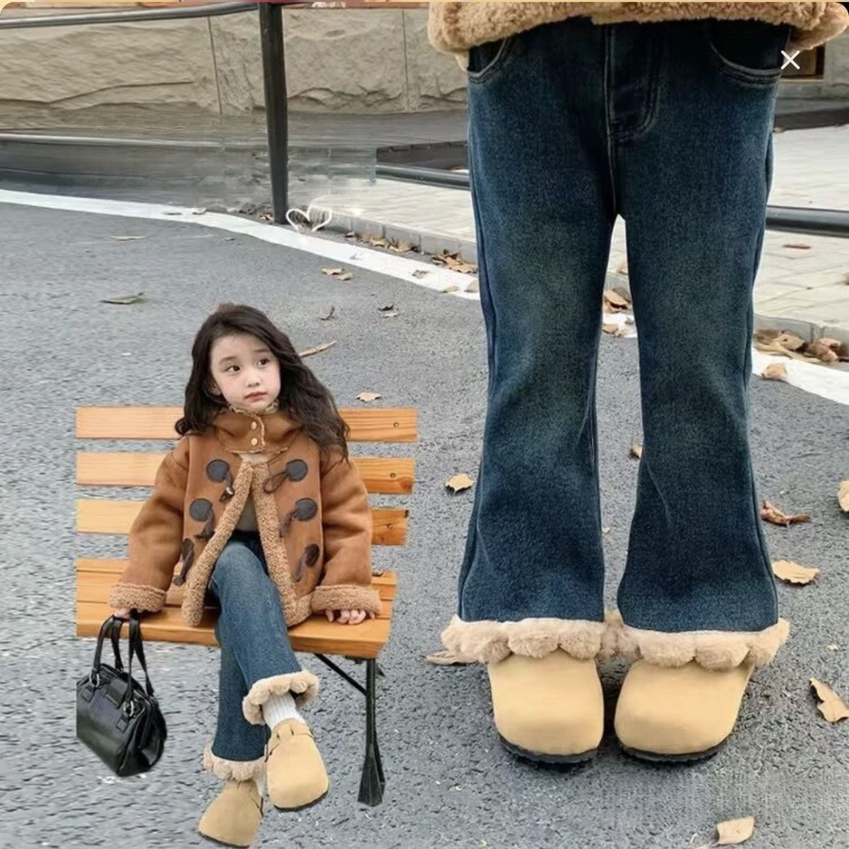 女童一体绒牛仔裤小童装2024新款女加厚洋气宝宝加绒外穿喇叭长裤