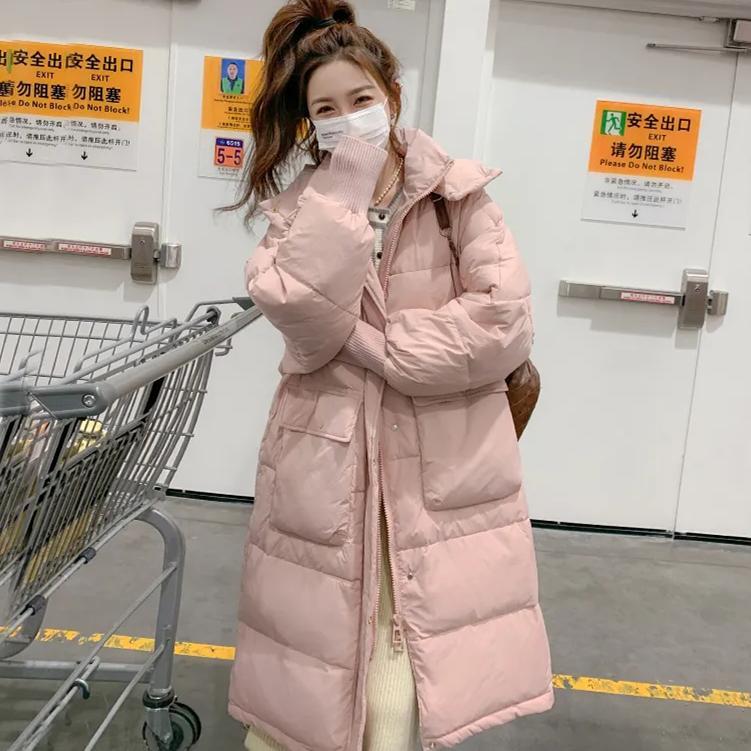 连帽大口袋面包服羽绒服女宽松韩版气质中长款过膝白鸭绒外套