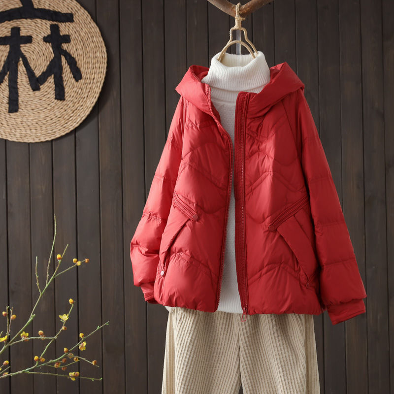 羽绒服女短款2023冬季新款文艺洋气高端宽松连帽纯色白鸭绒外套