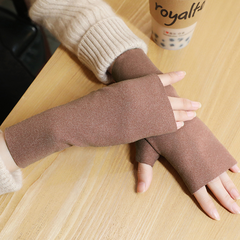 学生写字加厚保暖露指触屏手套短袖套护腕加绒半指手套男女秋冬季