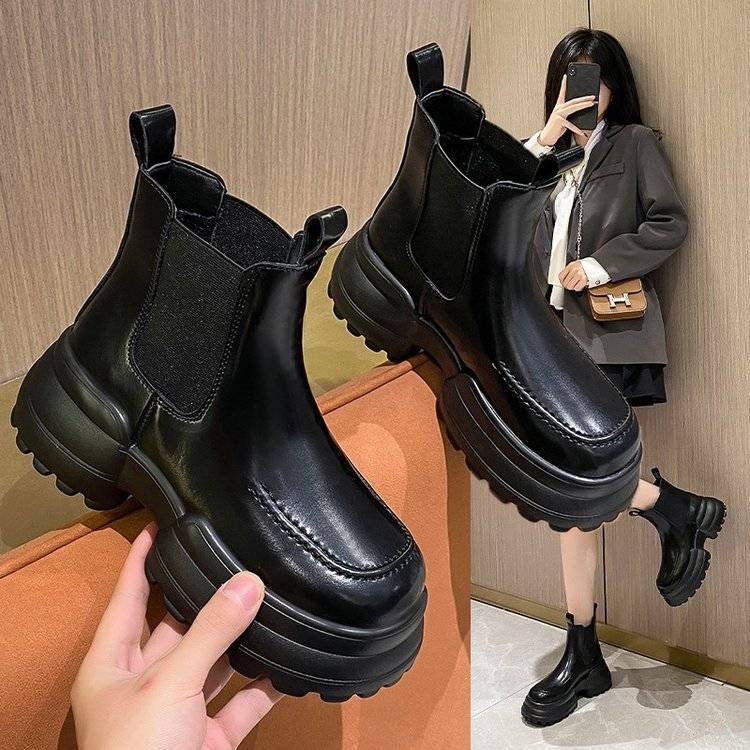 厚底工装风机车靴女秋冬季新款增高马丁靴小个子百搭加绒短靴时尚