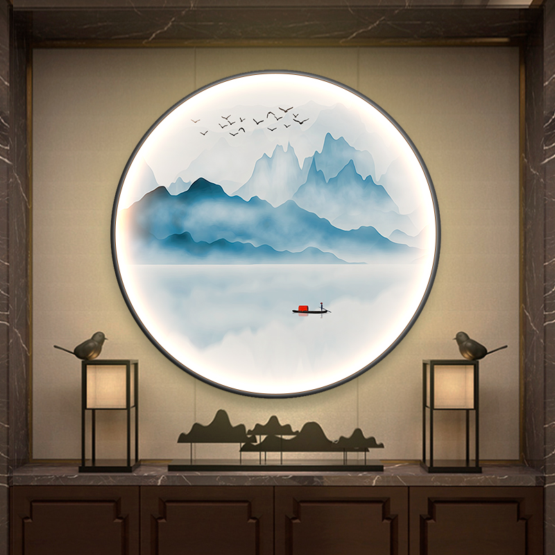新圆形装饰画玄关挂画入户走廊过道墙画带灯茶室山水壁画