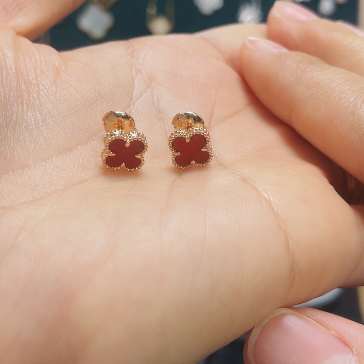 【闪购商品】玛瑙/玉髓耳钉18K金镶嵌Y红玛瑙耳钉玫瑰金