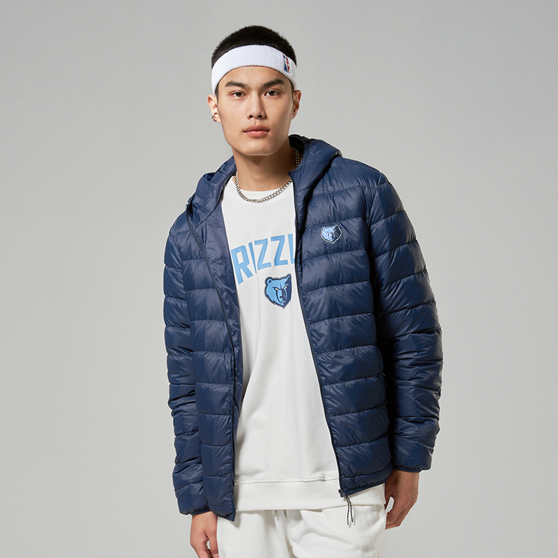 NBA灰熊秋冬新款超轻羽绒服基础户外保暖运动连帽防风防寒外套