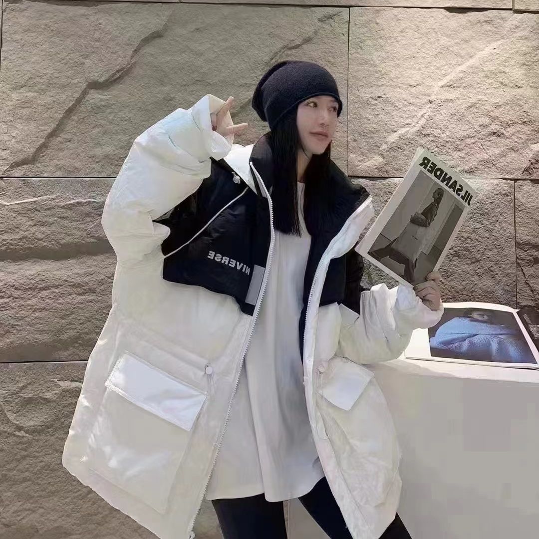 拼接撞色连帽加厚羽绒服女冬设计感白鸭绒工装外套欧货洋气面包服