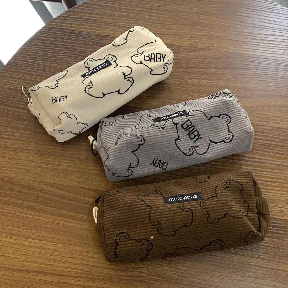 印花小熊灯芯绒帆布笔袋ins日系可爱学生简约大容量文具盒铅笔袋