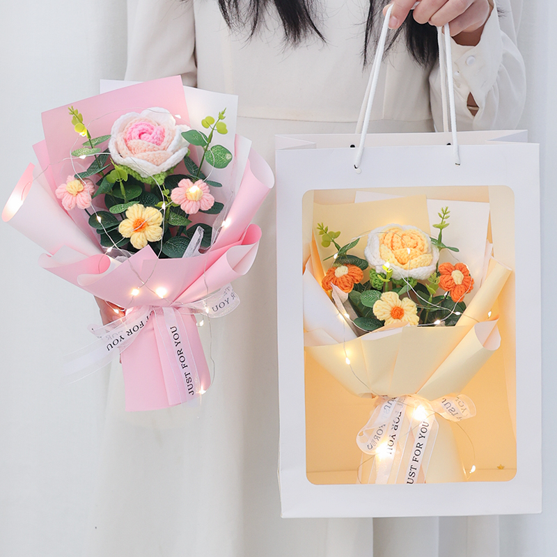 成品针织手工编织渐变玫瑰花创意仿真花永生花花束送女生女友礼物