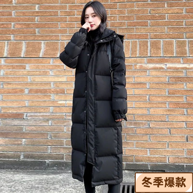 2023年新款中长款黑色羽绒棉服女冬情侣长款修身棉袄长过膝到脚踝