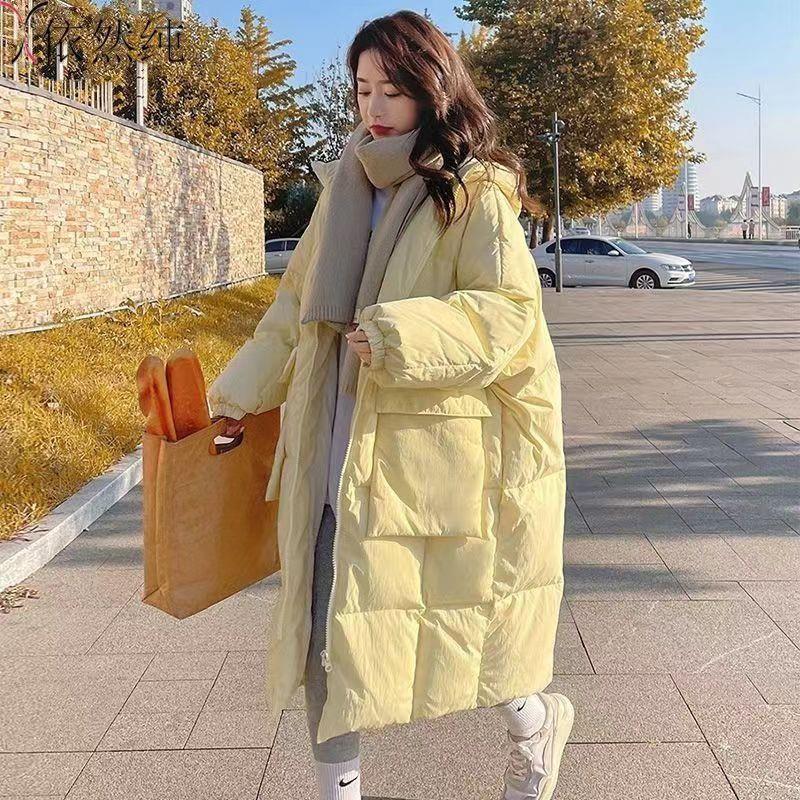 艾莱依鸭鸭奶黄色羽绒羽绒服女长款过膝2023冬季新款加厚棉袄韩版