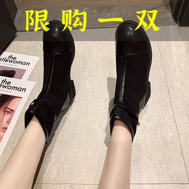 达芙妮沿荐软底软面马丁瘦瘦靴低跟2021秋季新款黑色时尚拼接绒面