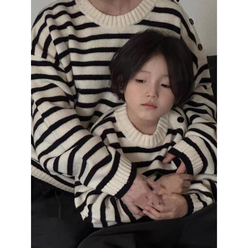 韩国童装男童条纹毛线衣亲子装儿童加厚秋冬新款针织衫女童上衣GF