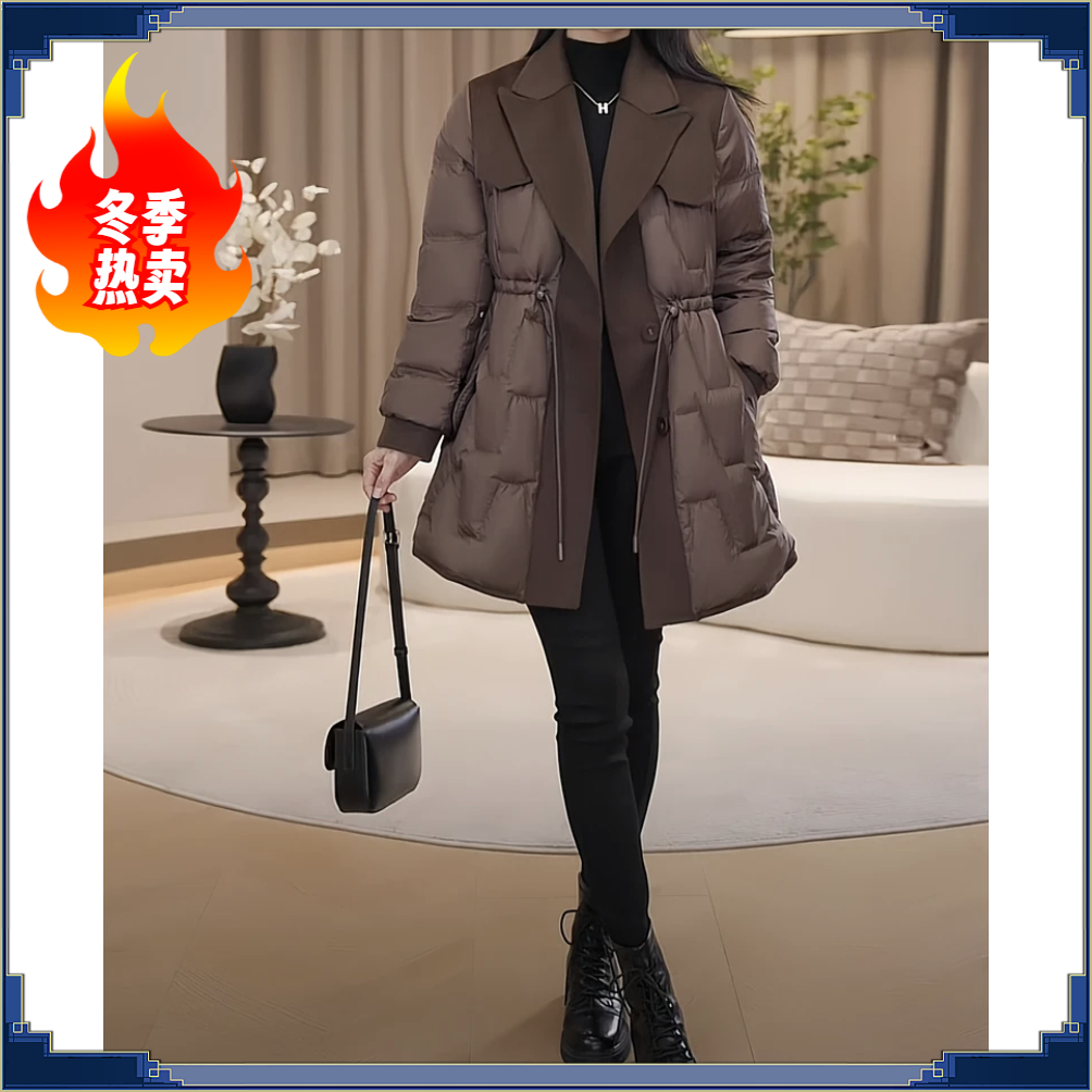 西装领羽绒服女中长款保暖外套2023年冬装新款加厚风衣白冬季热卖