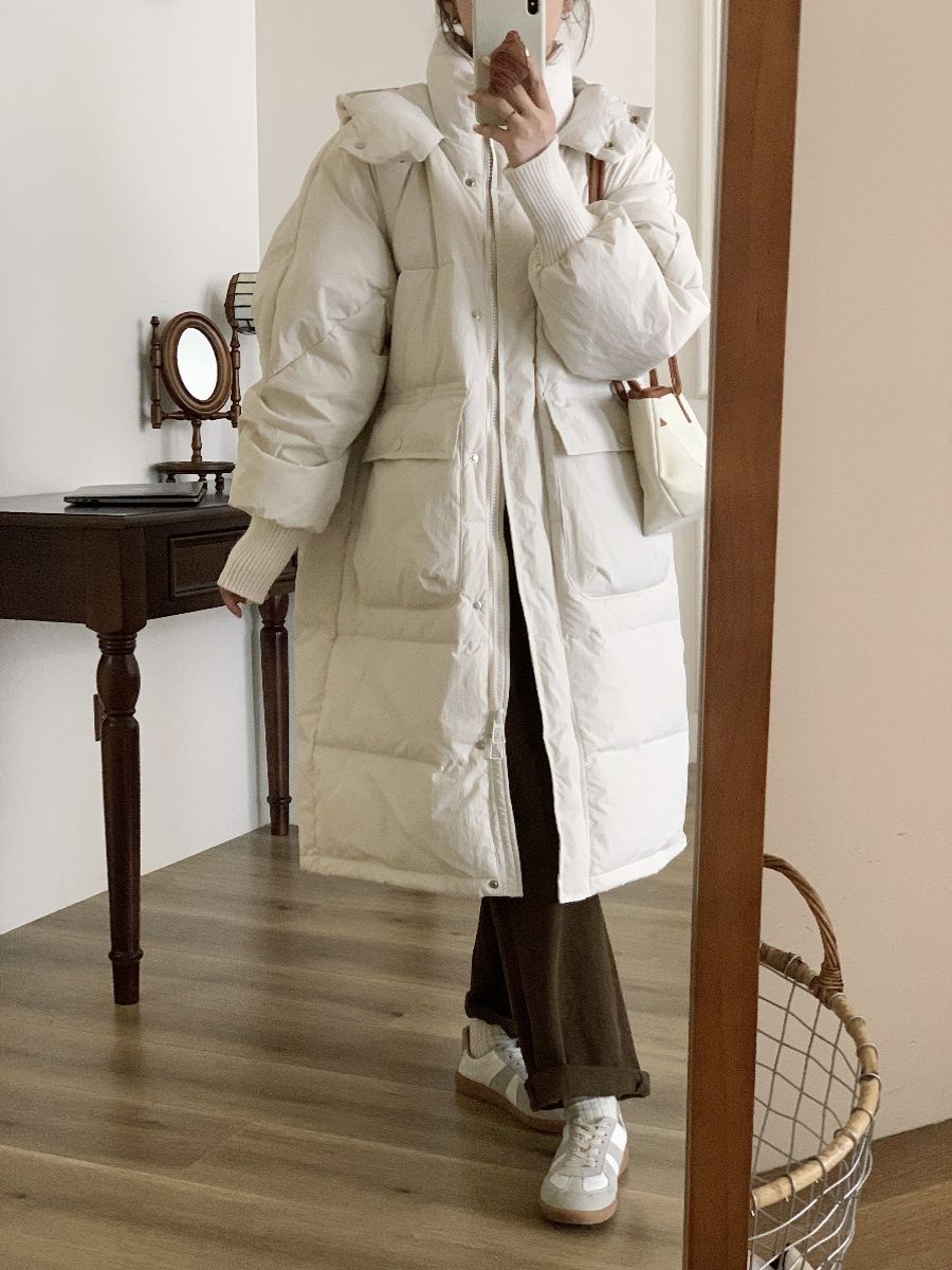 2023新款冬季羽绒服女中长款过膝宽松加厚显瘦连帽白鸭绒ins外套