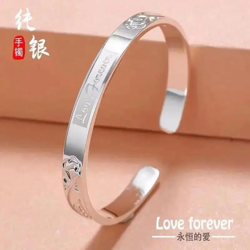 足银手镯   正品女9999纯银通体实心推拉银镯子送老婆礼物