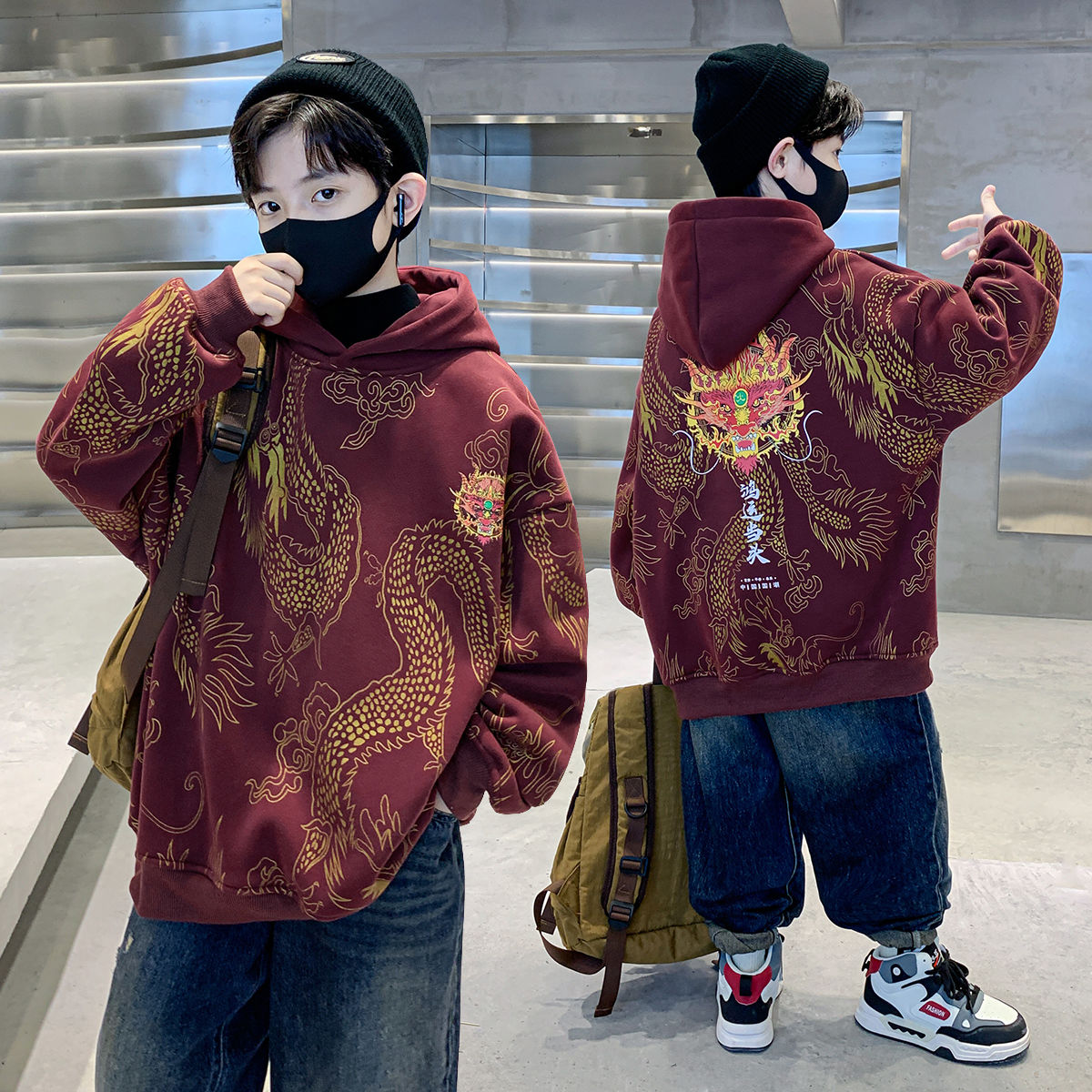 男童加绒卫衣加厚冬季2023新款儿童装龙年帽衫大童本命年上衣服潮