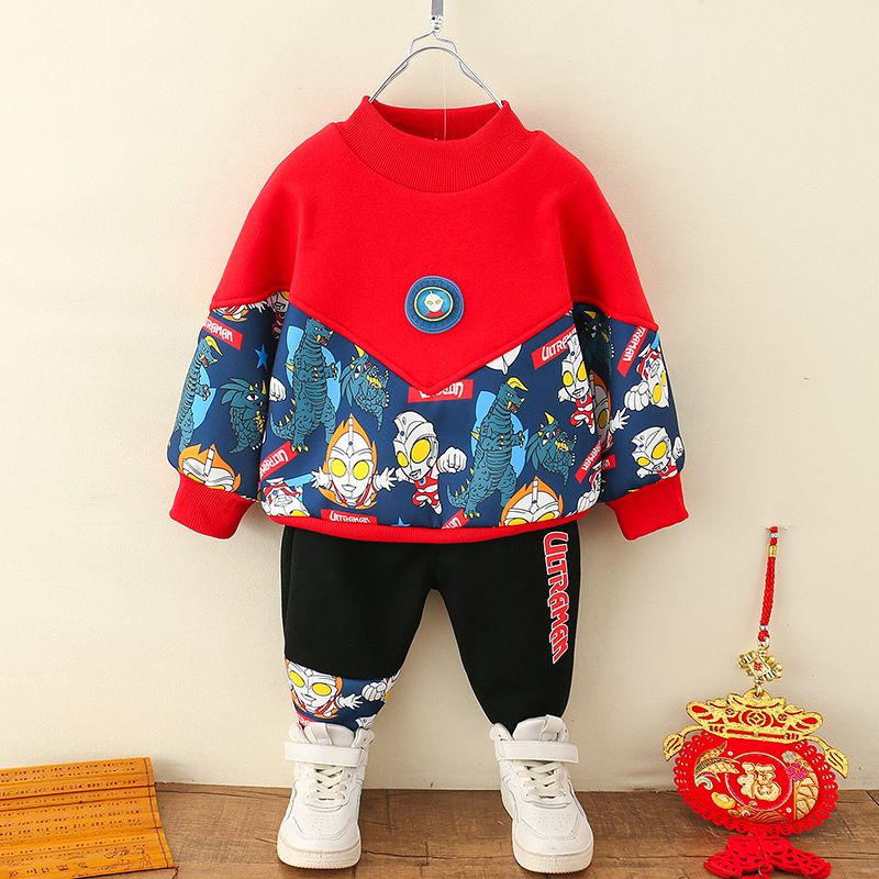 春秋童装男童拜年服套装2023新款宝宝儿童过年喜庆2023加绒衣服