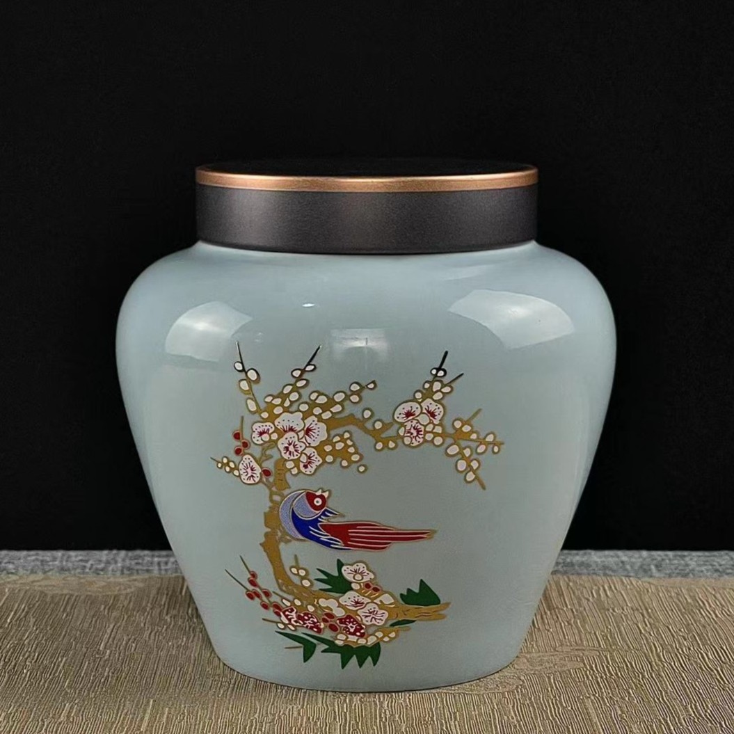 陶瓷天青釉国潮风喜上眉梢茶叶罐高端轻奢家用储物罐茶桌摆件1828
