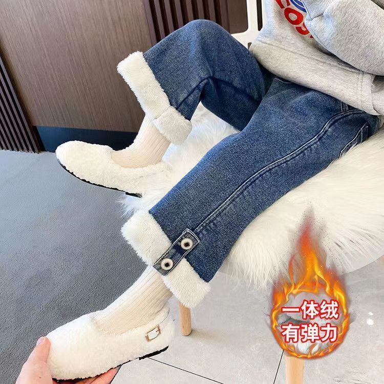 品巴拉巴拉儿童裤子2024新款女童牛仔裤加绒加厚新款韩版阔腿裤一